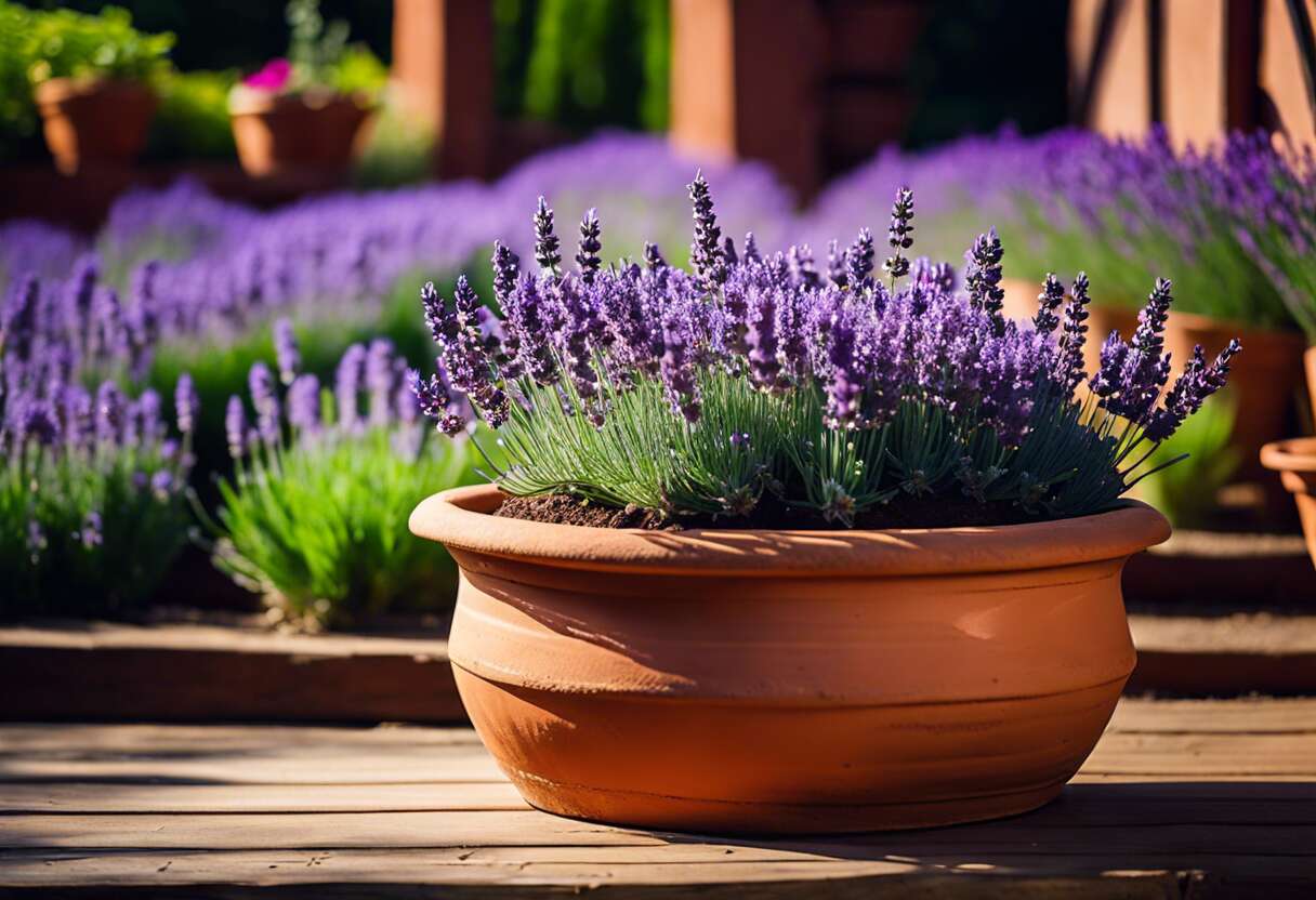 Préparation du pot et du substrat pour accueillir la lavande