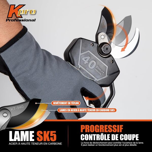 Kebtek Sécateur Électrique 40mm, Professionnel Sécateur à Batteries 2x2000mAh Brushless 18V avec LCD Écran SK5 Lame pour le Vigne Arbres et Arbustes (KT940)