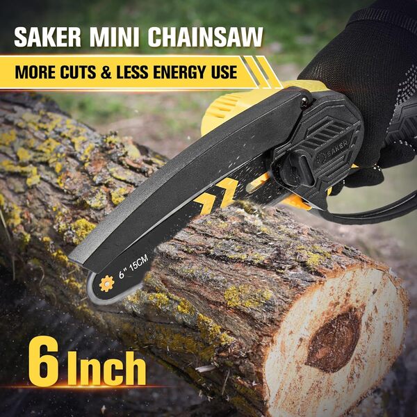 Saker Mini tronçonneuse sans fil de 15,2 cm avec interrupteur de sécurité - Scie à chaîne électrique sans fil - Petite scie à chaîne portable pour couper le bois et le travail du bois - Mini scie à