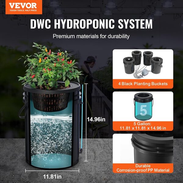 VEVOR Système de Culture Hydroponique DWC, Kit Goutte à Goutte Supérieur, Culture en Eau Profonde 20 L 4 Seaux, avec Pompe à Air, Pierres à Air, Dispositif de Niveau d'eau, pour Légumes à Feuilles
