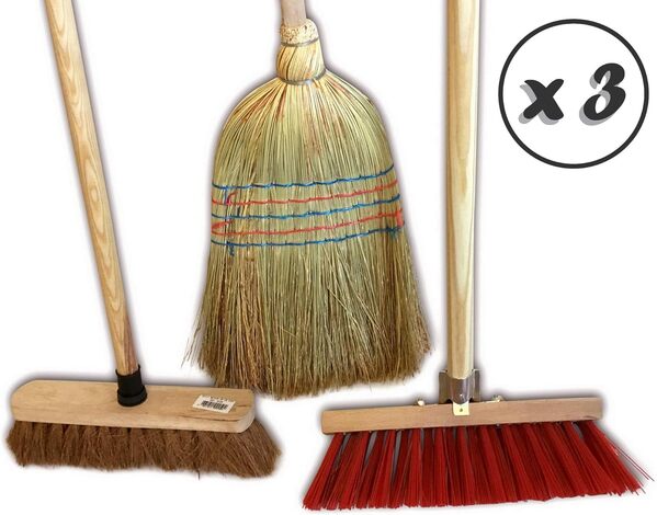 Lot de 3 Ensembles de 3 balais d'extérieur | Cantonnier Brosse PVC 32 cm | Fibres de Coco Naturel 29 cm | Paille de Riz 35 cm | Manches Bois | Kibros 3LOTBx3