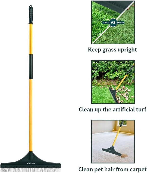 Bulunow Râteau à gazon artificiel, 139,7 cm de long, sans casse, râteau à main de jardin pour enlever facilement les feuilles, débris, arbustes, poils d'animaux
