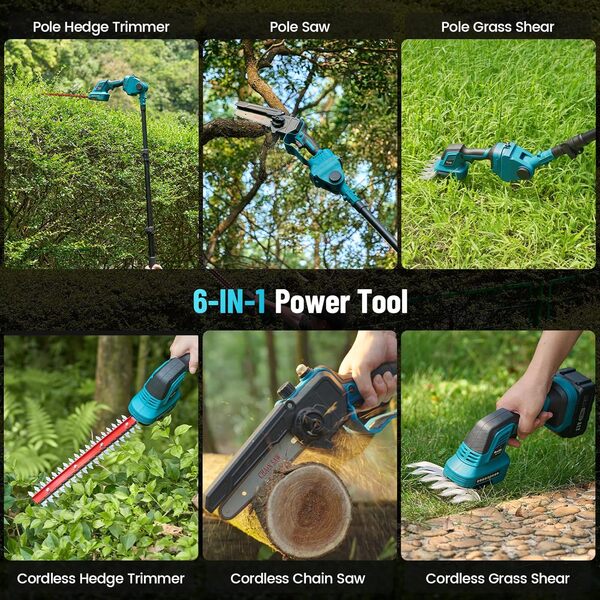 SEESII 6-en-1 Mini Tronçonneuse & Taille-haie, avec 2 * 4000mAh Batteries, Tronconneuse Electrique à Perche Télescopique, Portée Maximale Jusqu'à 4,57m, à 30 ML Bouteille d'huile