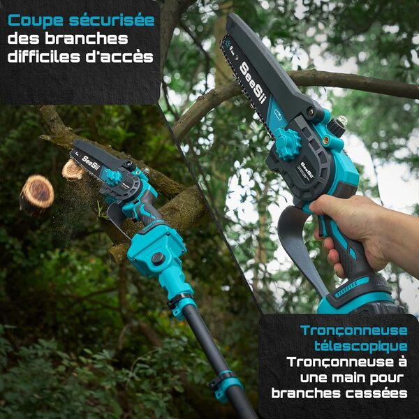 SEESII PS810 Mini Tronconneuse & Elagueuse sur Perche 8 Pouces, 2-en-1 Tronconneuse a Batterie, avec 2 x 4000 mAh Batteries, Portée 4,87 M, Système D'huile Automatique, pour Branches et Jardin