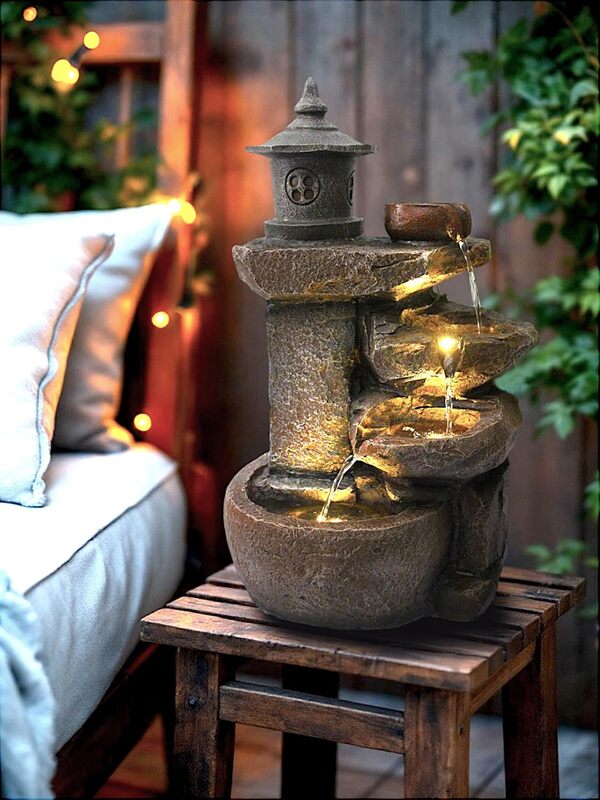 Arnusa BK851 Fontaine Cascade Avec Éclairage - Décoration de Jardin, Intérieur et Terrasse - Marron Gris