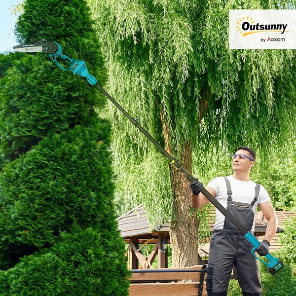 Outsunny Mini tronçonneuse à batterie 8 pouces 6000mAh 580W élagueuse sans fil pour branches et jardin avec 2 batteries perche télescopique et verrouillage de sécurité bleu