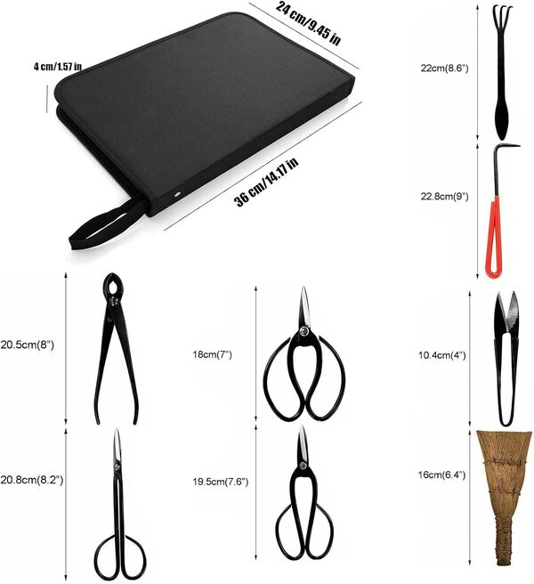 Lot de 15 Outils pour bonsaï, RoseFlower Outils de Jardinage Ciseaux Cisaille en Carbon Steel, Coupe Concave et Coupe-Bouton, séparateur de Coffre, Professional Bonsai Tool Kit pour Jardin Topiaire