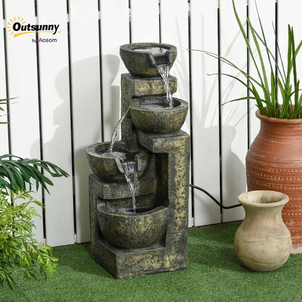 Outsunny Fontaine de Jardin d'ornement Zen 4 vasques débit réglable Pompe à Eau Submersible Incluse dim. 25L x 24l x 60H cm résine Noir