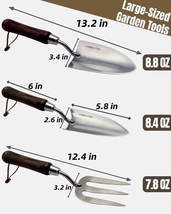 Lot de 6 outils de jardinage robustes en acier inoxydable avec cordes, y compris truelle, transplanteuse, binette 2 en 1, fourchette, râteau à main et sécateur, cadeau de jardinage idéal pour homme et