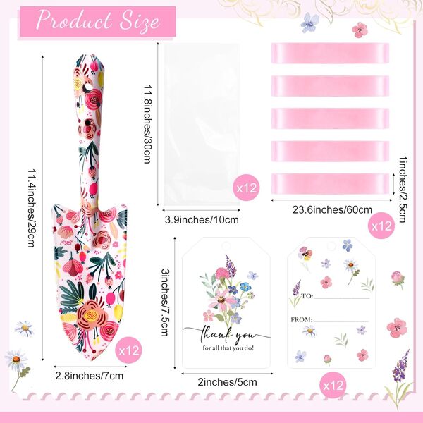 Blosssound Lot de 12 ensembles d'outils de jardinage pour femme avec truelle de jardin florale robuste, cartes de remerciement, rubans en plastique, outils de jardin, cadeau en vrac pour la fête des