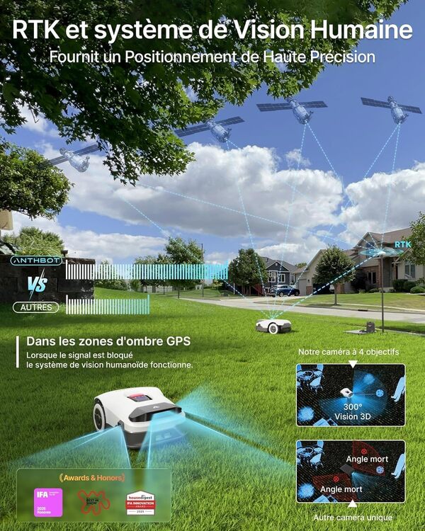ANTHBOT Genie600 Robot Tondeuse sans Fil Périphérique- 900 m², RTK Multibande+4 Caméras d'IA, Gestion 20 Zones, Évitement d'obstacles, Recharge Automatique+Reprise de Tonte, Pente à 45 %