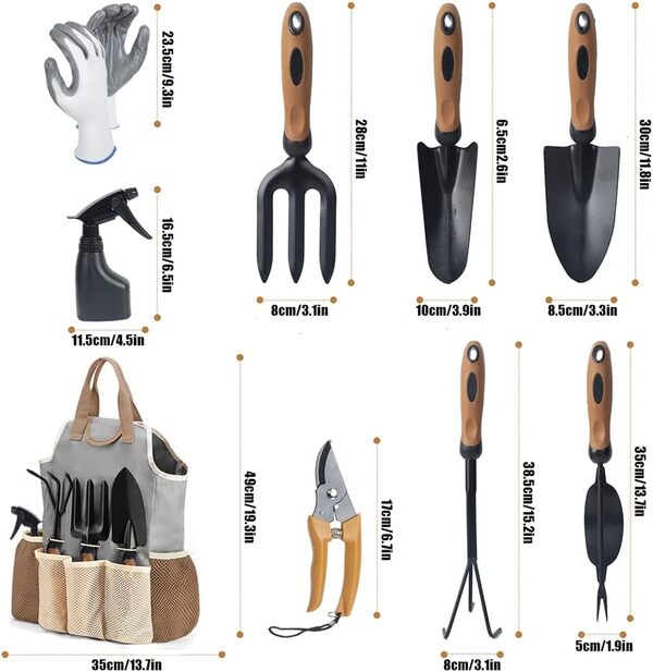 Lot de 9 Outils de Jardinage en Acier Inoxydable avec désherbeur, truelle, pulvérisateur, Gants de Rangement, poignée Ergonomique en Caoutchouc Souple, Outils de Jardin pour Homme et Femme (Outils de