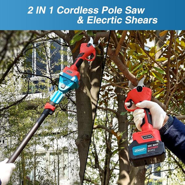 Sécateur de poteau sans fil 2 en 1, sécateur électrique avec poteau, élagueuse à poteau 20 V 4,0 Ah avec batterie pour couper les arbres, élagueuse électrique de 1,2 pouces, élagueuse