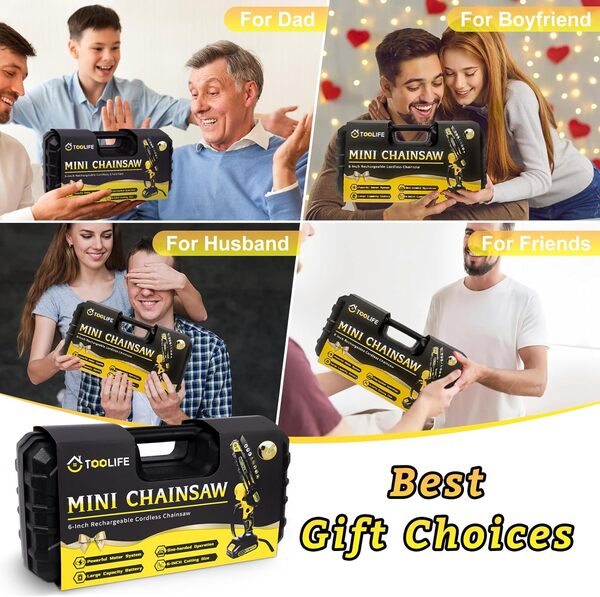 TOOLIFE Mini tronçonneuse électrique sans fil de 15,2 cm, avec bidon d'huile, alimentée par batterie pour couper les arbres, cadeaux pour homme, papa, mari, petit ami, jardiniers et femmes