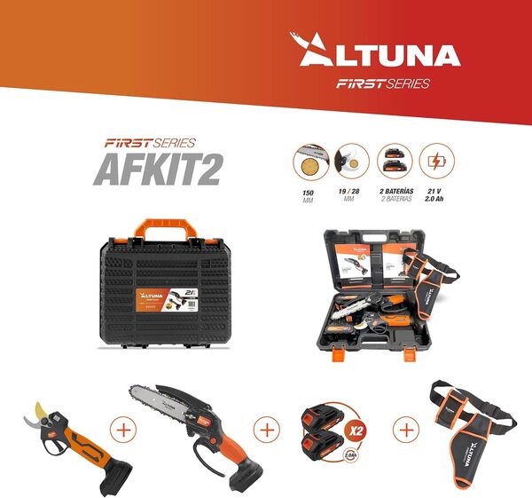Altuna - Kit de Taille à Batterie en Titane - Tronçonneuse à Batterie + Sécateur Électrique - Inclut 2 Batteries 2Ah - Avec Chargeur et Ceinture Porte-Outils