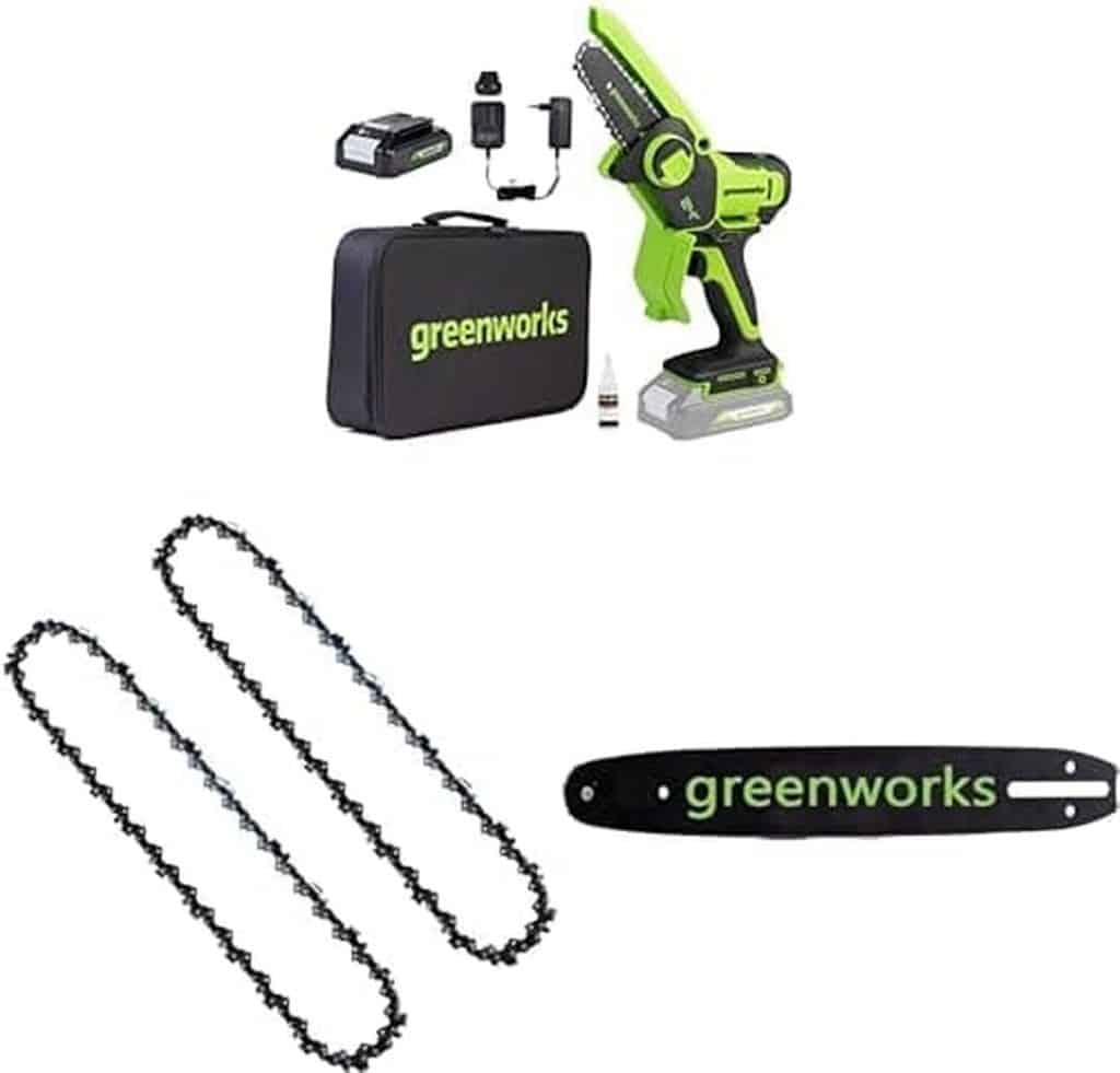 Test de la mini tronçonneuse Greenworks 24V avec batterie et accessoires complets