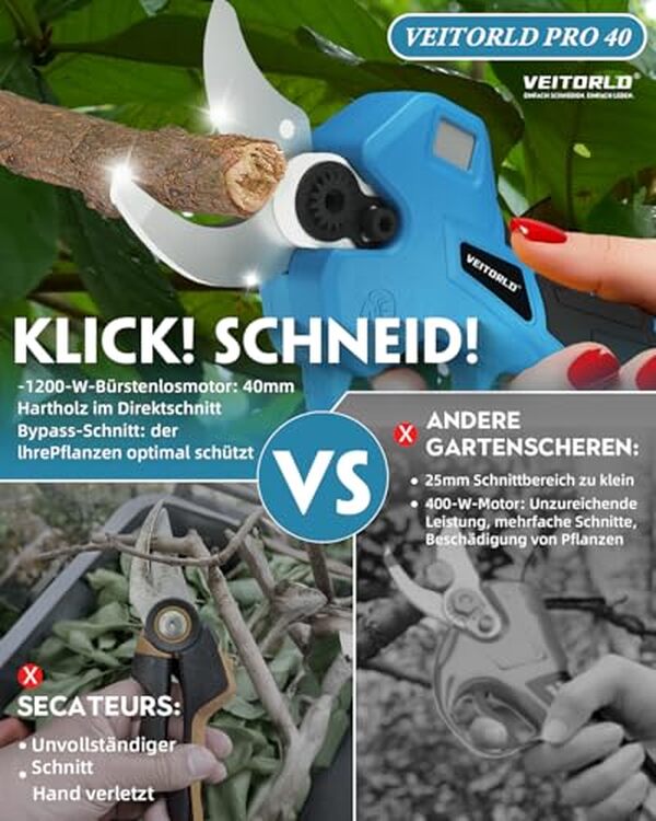 Découvrez le sécateur électrique Veitorld 40 mm : sa puissance, son efficacité et ses performances pour une taille sans effort dans le jardin